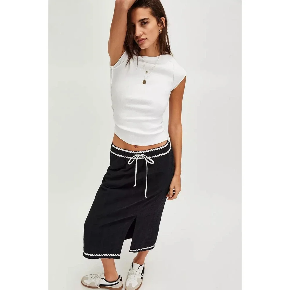 Free‎ People Penelope Midi Skirt Lg Black Contrasting Trim Pull On Travel Cotton